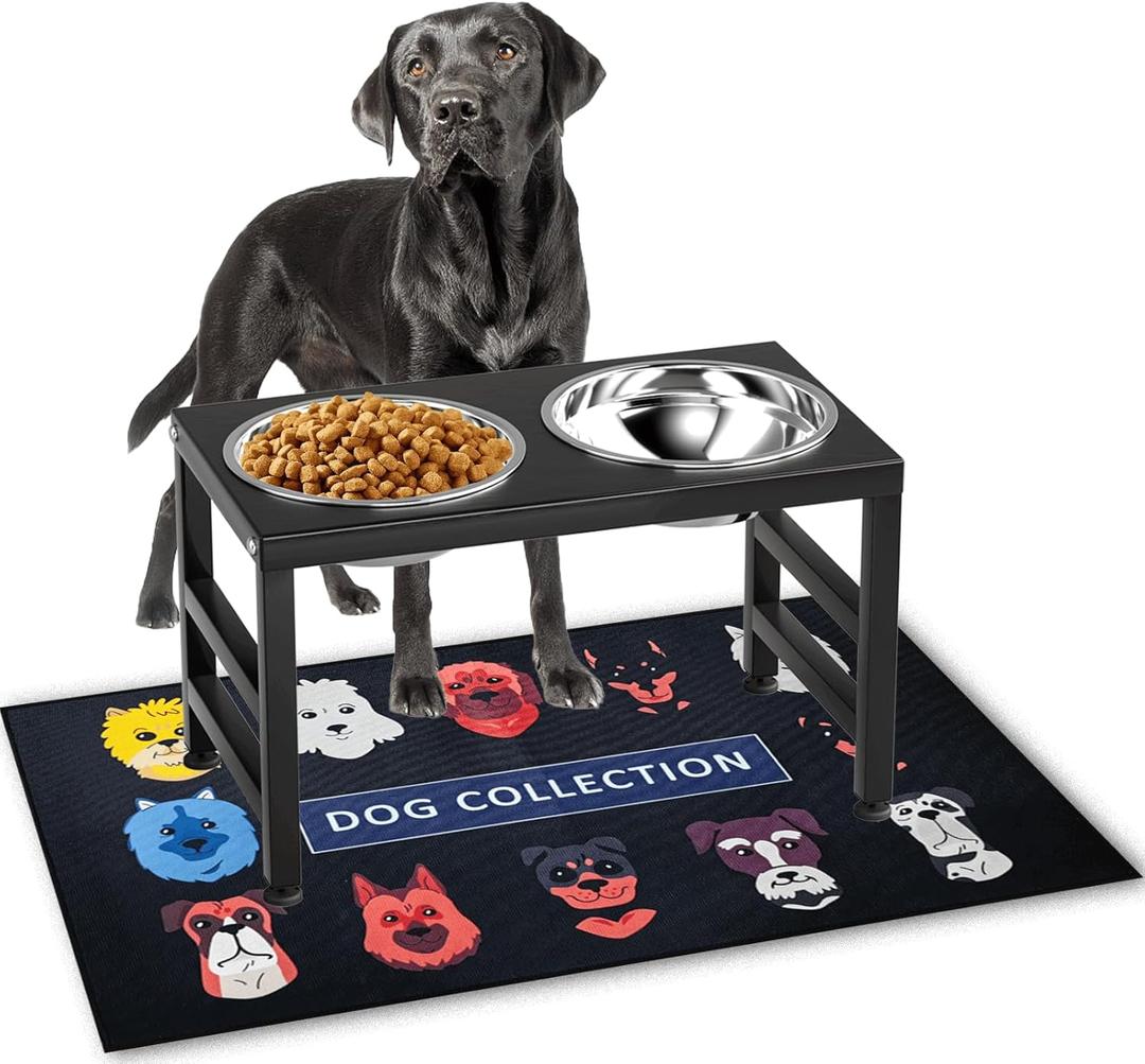 Metal Raised Dog Bowl, 10" Tall Elevate Dog Feeder Stand with 2 Stainless Steel 42oz Bowls & 16x24 Non-Slip Mat  Stronger Dogs Food & Water Bowl Stand (Black)