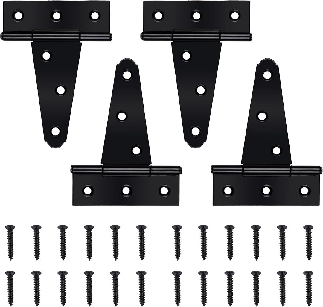 4 Pack 4 Inch T-Strap Shed Door Hinges Heavy Duty, Barn Door Gate Hinges with Screws, Tee Hinges for Wooden Fences, Yard, Patio Door, Black Wrought Hardware Iron Rustproof
