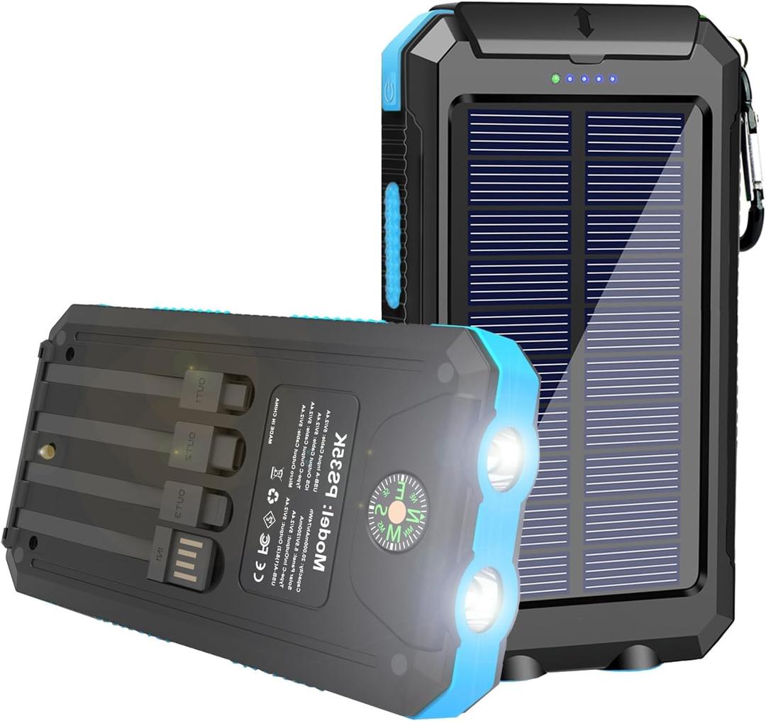 YELOMIN Solar Charger, 20000mAh Portable Type-C Solar Power Bank with 4 Cables, Waterproof Battery Pack, Outdoor External Backup Power Charger Six Outputs/LED Flashlights, Perfect for Camping Travel (Blue)