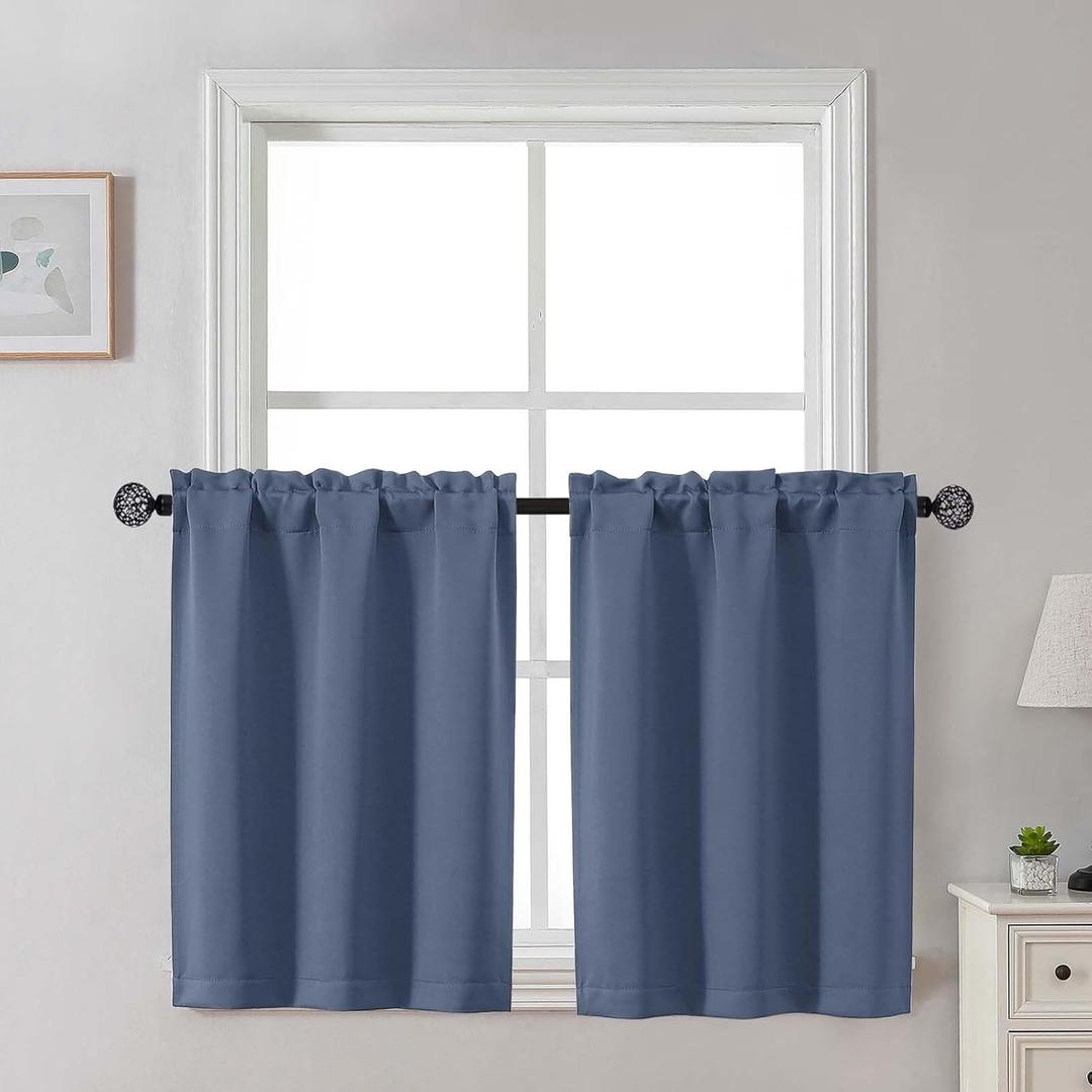 Gwine Denim Blue Blackout Curtains 30 Inch Length, Short Kitchen Curtains for Bedroom Bathroom Basement, Light Blocking Half Window Tier Window Treatments Rod Pocket, 2 PCS, Each 30" Wx30 L