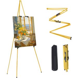 MXG 66" Yellow Portable Folding Art Easel Stand for Sign, Painting, Poster & Canvas Display, Adjustable Height Acrylic Sign Holder with 4 Clips for Wedding, Office, Gallery, Alloy Steel