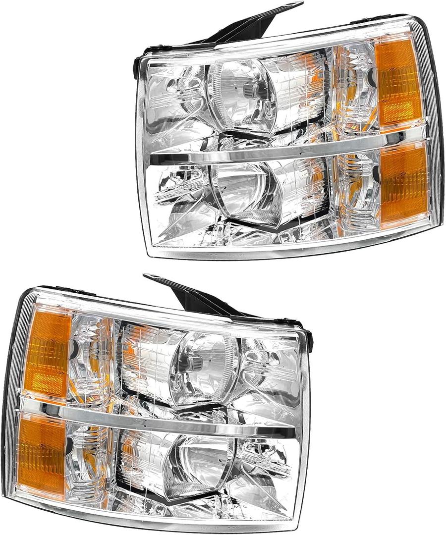 AS Headlight Assembly for 2007-2013 Chevy Silverado 1500/2007 2008 2009 2010 2011 2012 2013 2014 Chevy Silverado 2500HD 3500HD Chrome Housing Amber Reflector Replacement Pair
