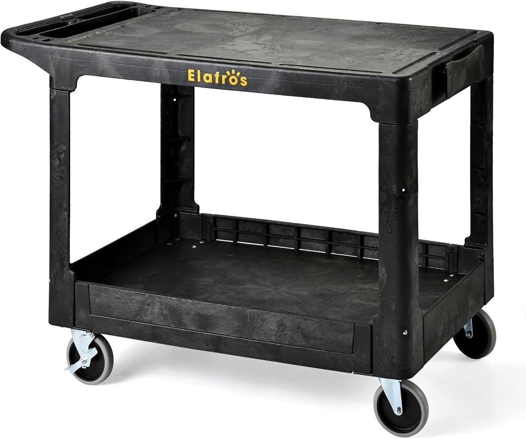 ELAFROS Large Heavy Duty Plastic Utility Cart Flat top 42.5 x 25 Inch - Work Cart Flat Shelves and Full Swivel Wheels Holds up to 550 lbs - 2 Tier Service Cart for Warehouse,Garage, Cleaning Black