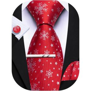 Barry.Wang Christmas Ties for Men Xmas Holiday Neckties Pocket Square Cufflinks Set Party Vacation (Red Snowflake)