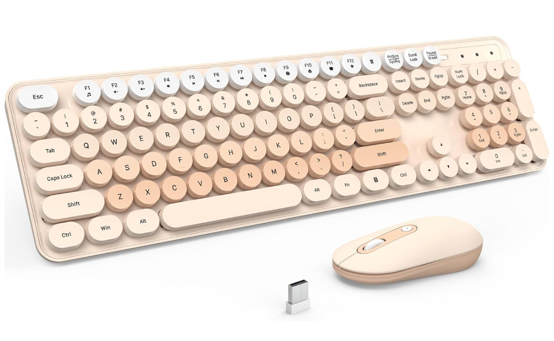 Wireless Keyboard and Mouse, Silent Keyboard Mouse Combo, FullSized Colorful Typewriter Keyboard with Round Keycaps, 2.4G Cute Mouse Compatible with PC/Laptop/Computer(Milk Tea)