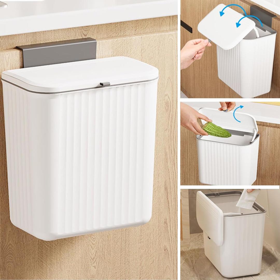 2.4 Gallon Kitchen Compost Bin for Counter Top or Under Sink, Hanging Small Kitchen Trash Can with Lid, Wall Mounted Waste Basket Bin Garbage Can for Bathroom (White)