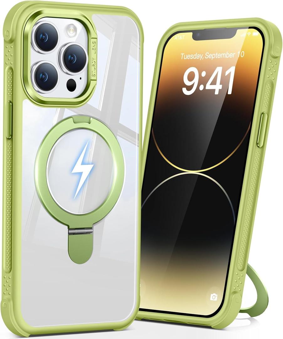 Magnetic Ring Stand Case for iPhone 14 pro max, 16FT Military-Grade Protection Shockproof, Non-Slip, Anti Scratch, Textured Grip & Clear Back for Hands-Free Video Calls (Clear Green)