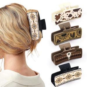 Western Leather Hair Claw Clips Sunflower Floral Square Claw Clips for Hairstyling Southwest Cow Print Cowhide Hair Accessories Large Aesthetic Western Cowgirl Stuff Gift for Women Girls