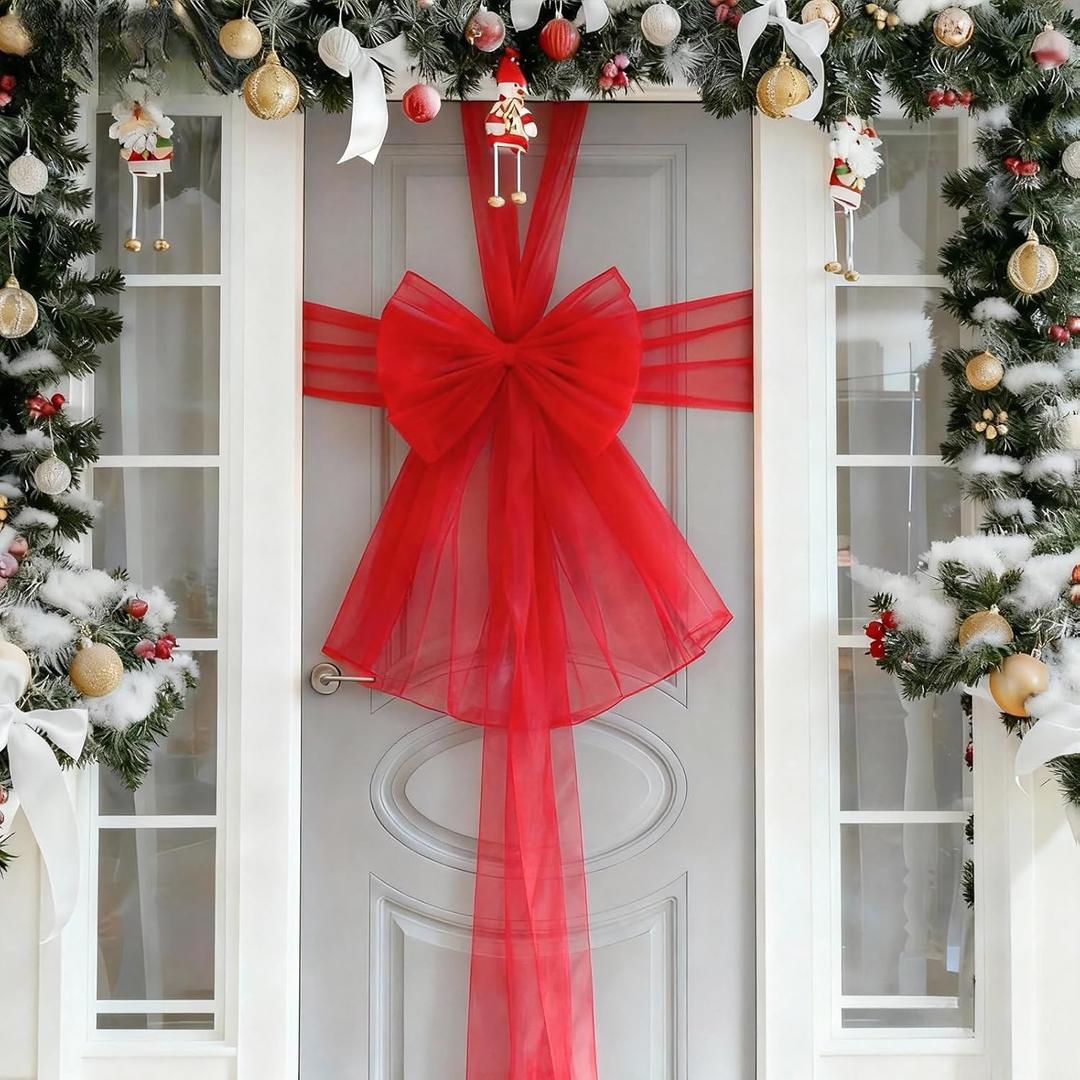 Christmas Cabinet Door Ribbon Bow Large Christmas Door Bow Decoration Xmas Tree Organza Bows Festival Wrapping Decorations for Front Doors Fireplace Wreath Home Holiday Birthday Party Supplies (Red)