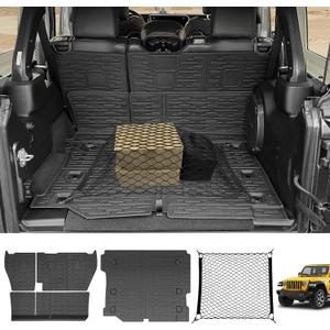 Cargo Mats & Trunk Net for 2018-2024 Jeep Wrangler JL Unlimited 4X4 Trunk Mat Backrest Liner with Cargo Net All Weather Rear Back Seat Mat Cargo Net for Wrangler JL 4 Door Accessories Only
