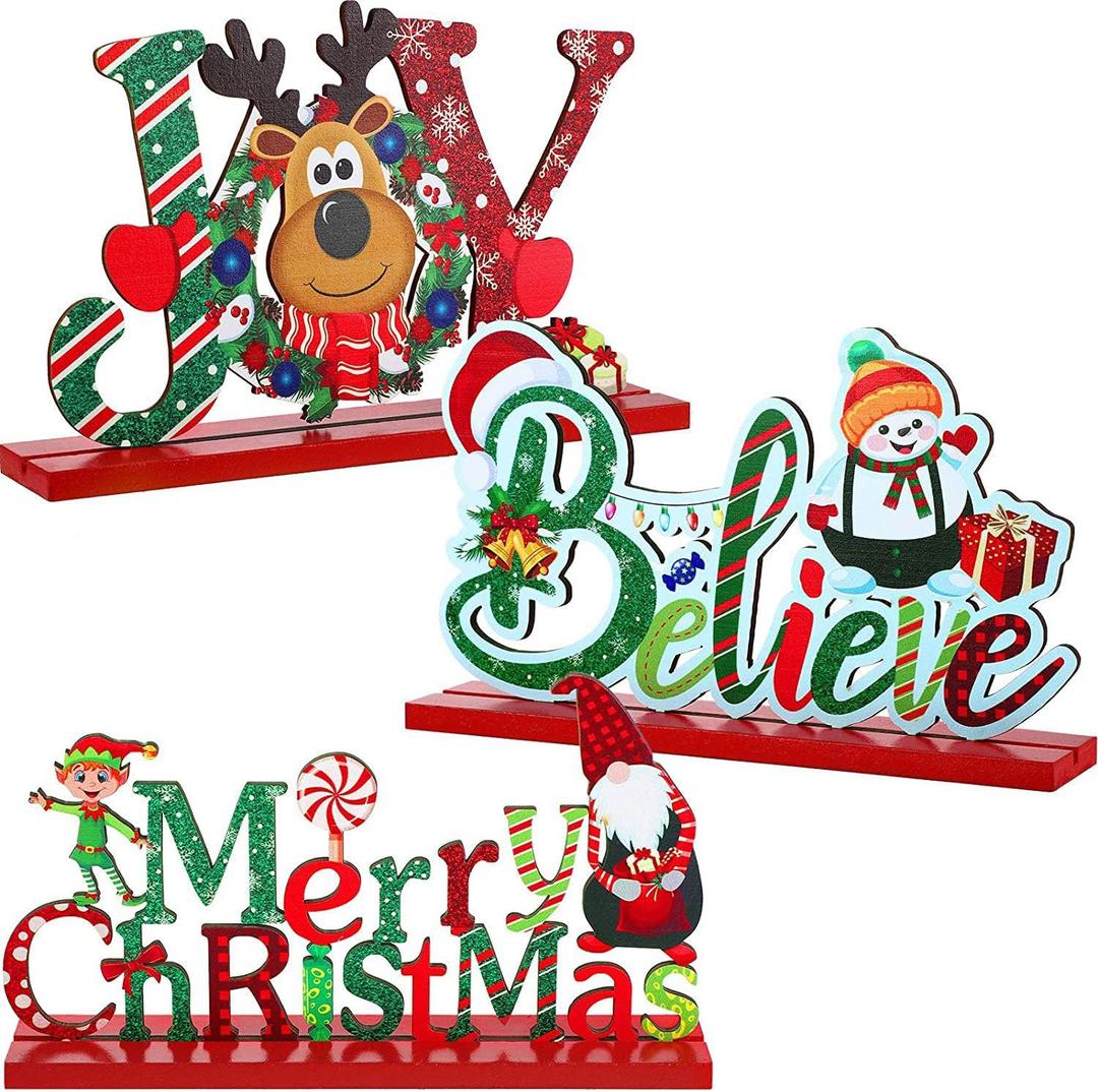 Blulu 3 Pcs Christmas Decorations Indoor Centerpieces for Tables Tabletop Wooden Signs Farmhouse Centerpieces Xmas Snowman Santa Claus Gnome Signs Merry Christmas for Xmas Holiday Party Decor(Red)