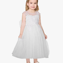 Lace Applique Flower Girl Dress for Wedding Sleeveless Tulle Bow Knot V-Back Long Satin Crew Neck Puffy Ball Gowns Size 7