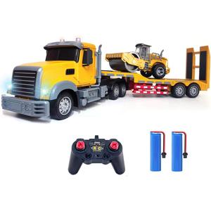 Remote Control Semi Truck Toy For Kids - 1:24 RC Semi-trailer Engineering Tractor With Sound And Lights, Trailer Truck Toy With Inertia Roller, Construction Vehicles For Boys & Girls 3-8 Years Old