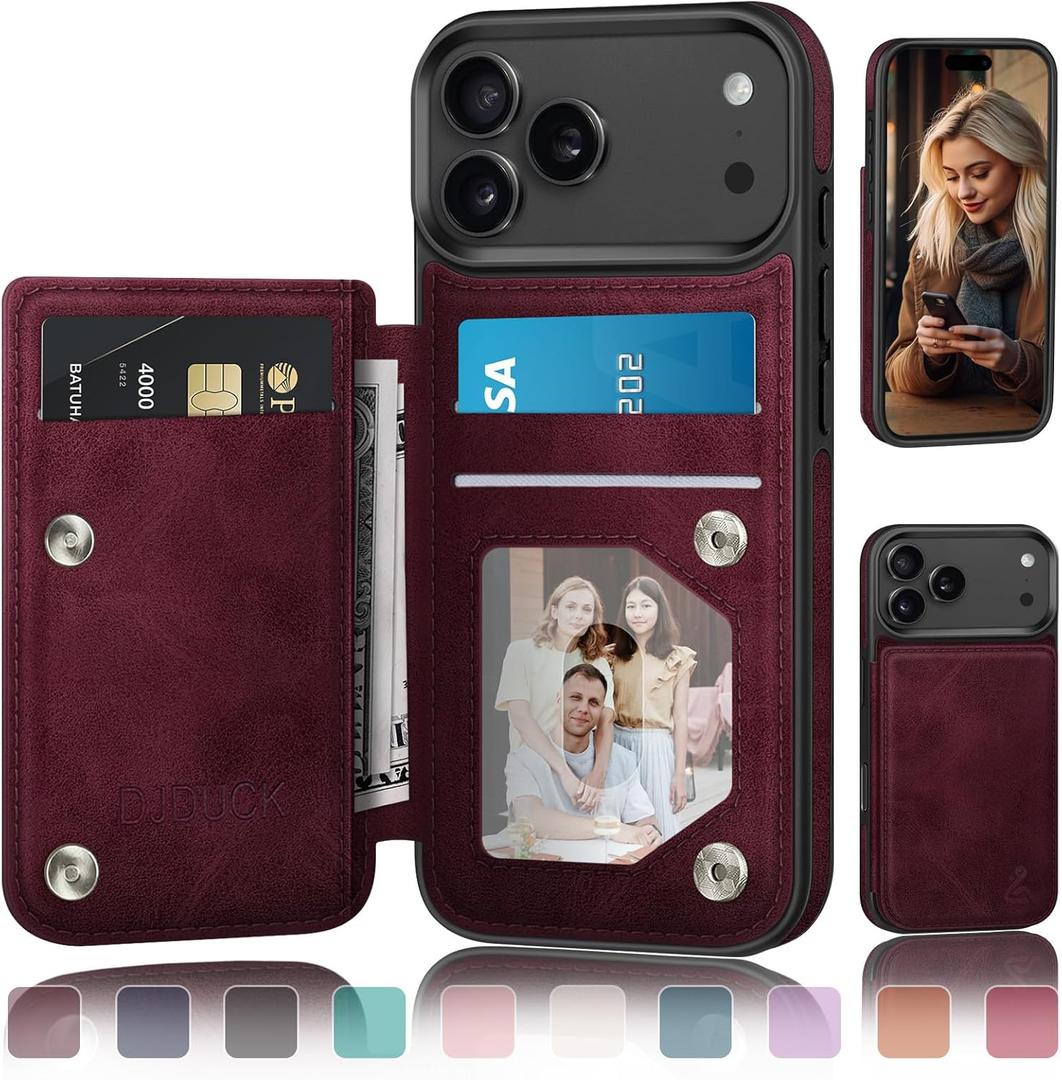 DJDUCK Designed for iPhone 17 Pro Case Wallet with Card Holder, Magnetic Clasp Cover RFID Blocking Leather Protection Shockproof Women Men Cases 6.3 Inch for Apple 17 Pro Wine Red