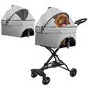 Folding Dog Stroller with 2-Level Adjustable Handle, 4 Wheels Travel for Dogs and Cats Up to 55 lbs, with Soft Pad, Detachable Pet Basket (Gray)