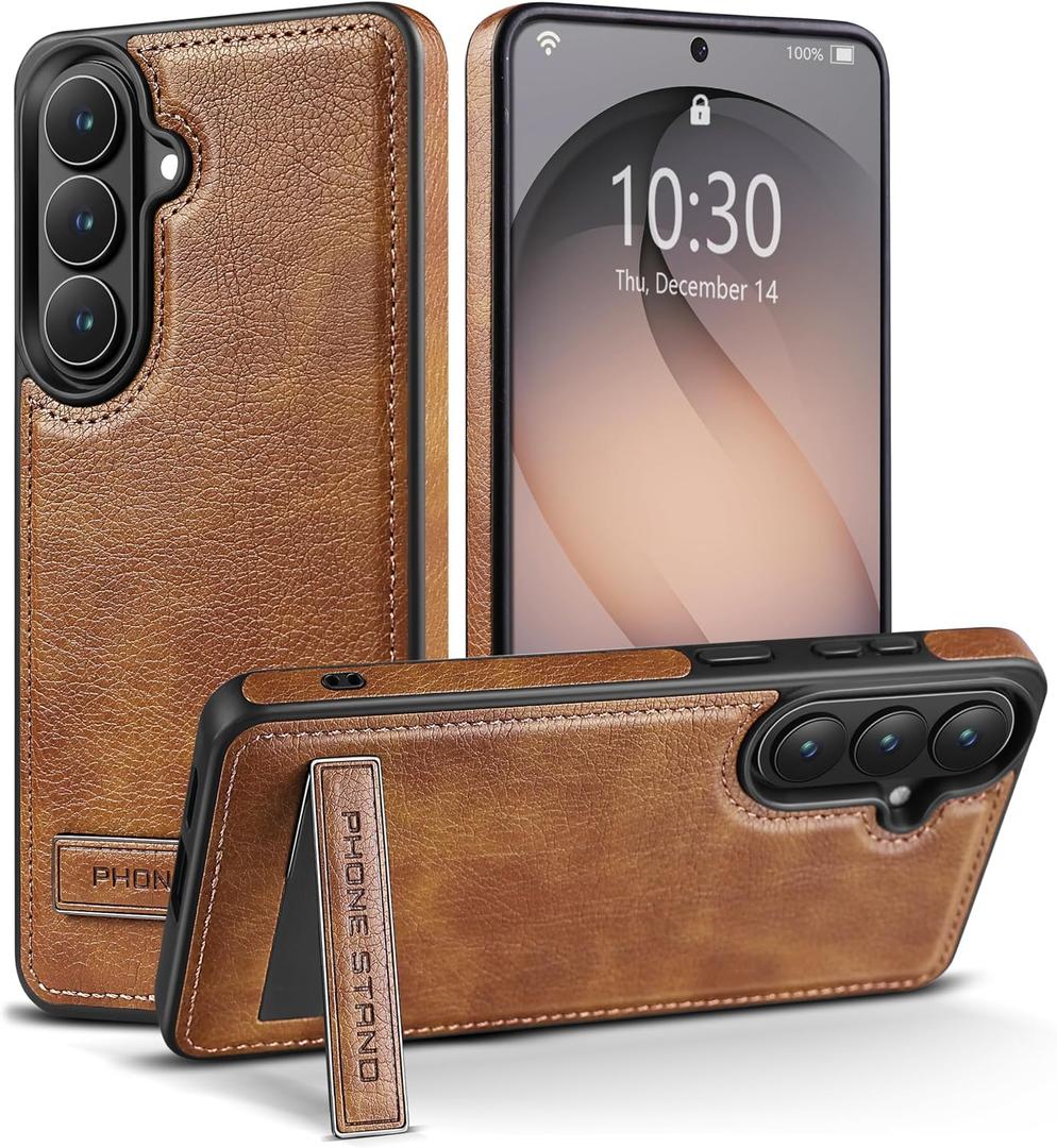 Designed for Samsung Galaxy S26 Plus Leather Case with Stand, Protection Slim Adjustable Kickstand Phone Cover Compatible with Samsung Galaxy S26 Plus (Brown)