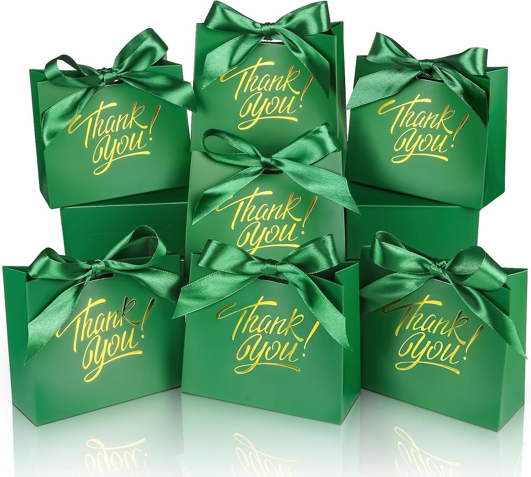 100 Pack Small Thank You Gift Bags, 4.5x1.8x3.9in Party Favor Bags Boxes with Bow Ribbon, Small Paper Gift Bags with Gold Foil Printed, Mini Candy Treat Bags for Birthday Wedding Party Holiday (Green)