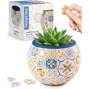 PieceRelax 3D Puzzle Planter - Retro Tiles - Danish Folklore Style, Home Decor Flower Pots for Indoor Cactus, Succulents Pots [K1104]