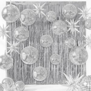 Seenelling 24 Pcs Silver Disco Party Decoration Sets 22'' 4D Disco Ball Star Balloons Shiny Metallic Tinsel Foil Fringe Curtains for Graduation Western Cowgirl Bride to Be Bachelorette Birthday