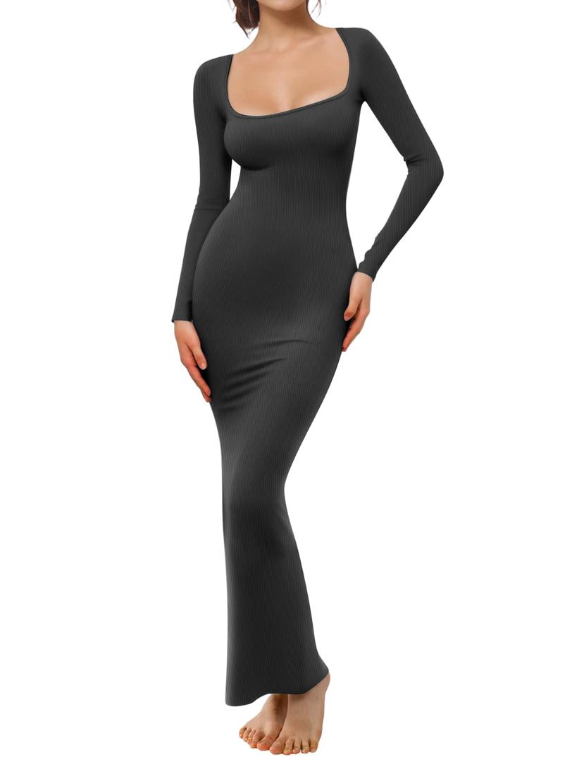 Buauty Women's Bodycon Maxi Dresses, Ribbed Square Neck Long Dress, Fall Long Sleeve Lounge Dress for Women Jet Black, S