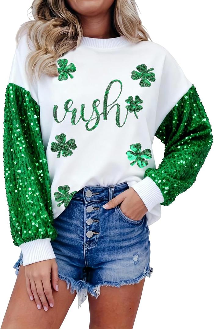 DUTUT St. Patrick's Day Sweatshirt Women Shamrock Shirt Lucky Clover Graphic Shirts Irish Casual Long Sleeve Tops (Medium)