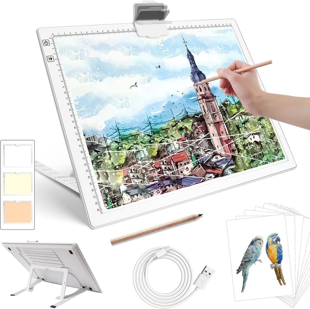 Rechargeable A3 Diamond Art Light Board,Light Pad with Stand and Clip,3 Colors Stepless Dimmable and 6 Levels of Brightness Light Box for tracing,Diamond Painting,Drawing,Sketching(White)