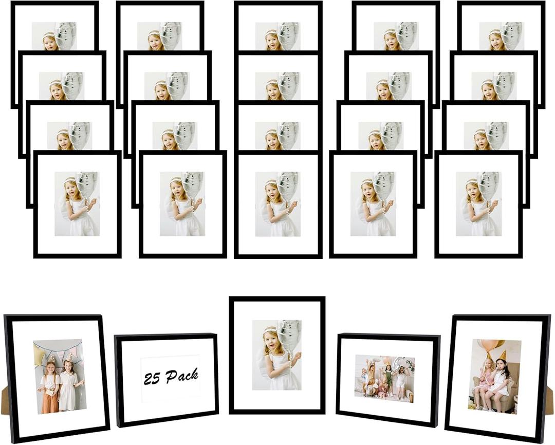 JCJMY 25 Packs 8x10 Picture Frames, Display 5x7 with Mat or 8x10 Without Mat, Gallery Wall Frame Set, 8 by 10 Frames Bulk Set of 25 Collage Wall Decor Photo Frames Set for Wall and Tabletop, Black