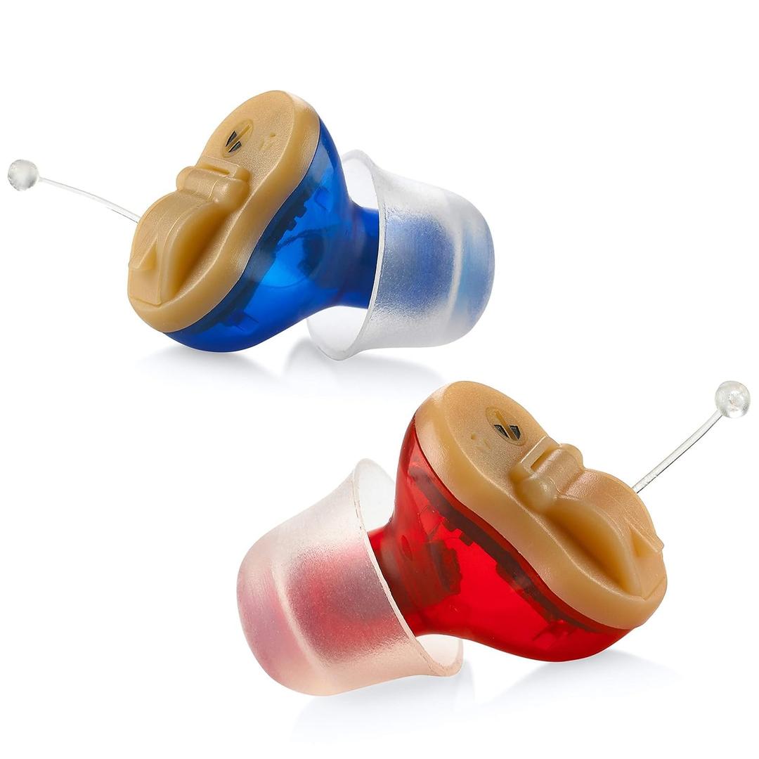 Premium Digital Hearing Aids for Seniors - Invisible in Canal (CIC) In-Ear Mini Sound Enhancer Set, Near-Invisible, Noise Cancelling, Personal Sound Hearing Amplifier - Pair - MZ-21 (Red, Blue)