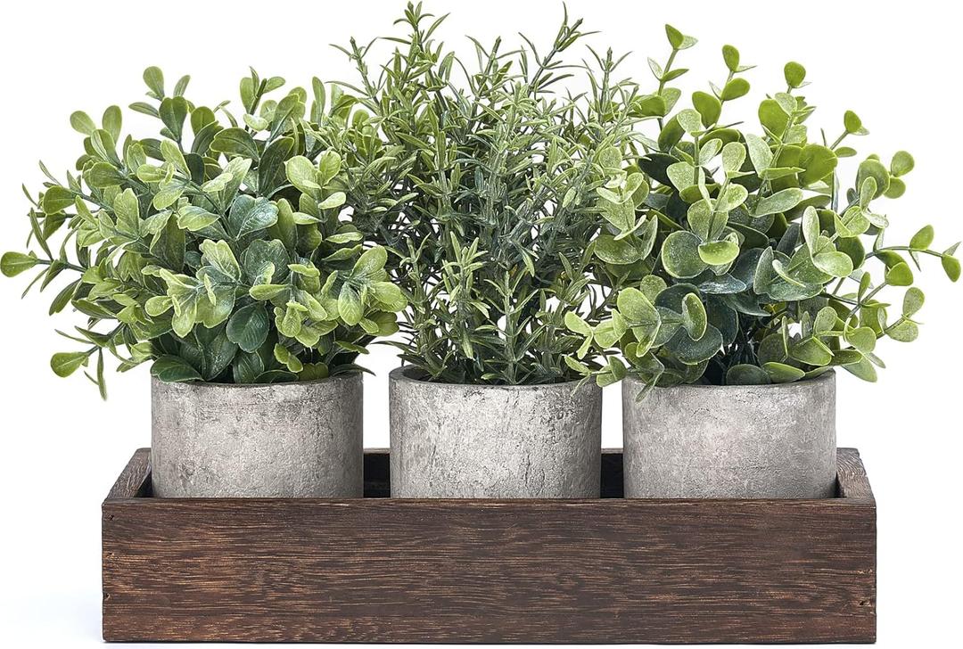Dahey 3 Pack Mini Potted Artificial Eucalyptus Fake Plants with Wood Tray Centerpiece Table Decorations, Farmhouse Pulp Flower Pots Greenery Home Decor for Coffee Table Dining Room Office Kitchen