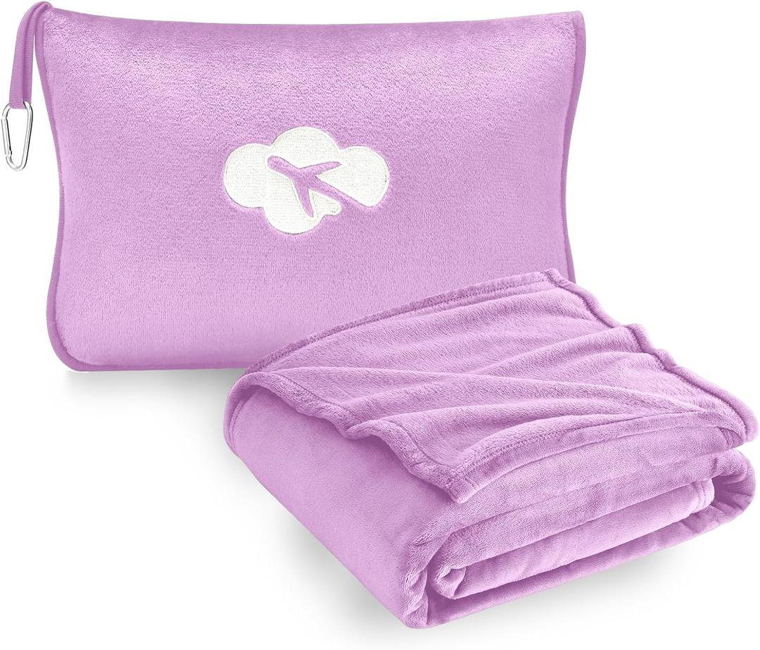 Travel Blanket and Pillow Compact, Premium Soft 2 in 1 Airplane Blanket with Soft Bag PillowcaseHand Luggage Sleeve and Backpack Clip (Solid Purple)