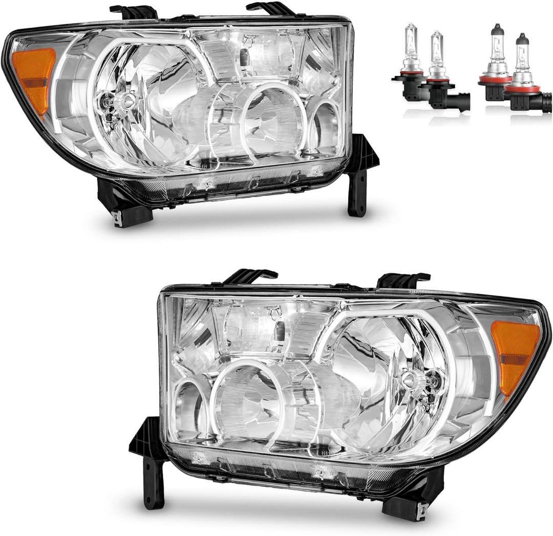 Headlights W/Bulbs for 2007-2013 Toyota Tundra, Fits 2008-2017 Sequoia (Fits 12-14 Sequoia Models WITHOUT Headlight Washer Only, NOT for models with leveling dial) (OE Replacement, Polished Chrome | With High & Low Beam Bulbs)