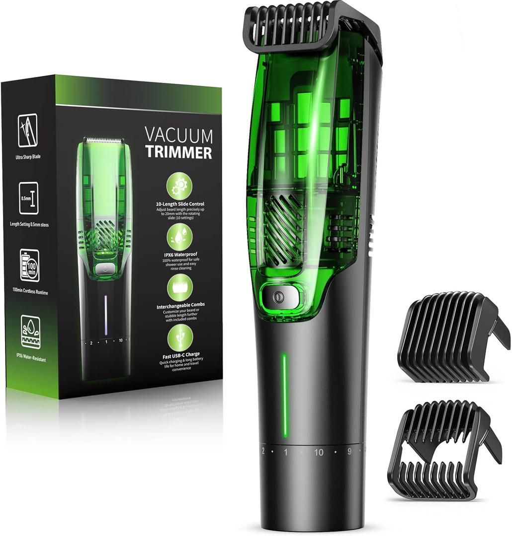 Beard Trimmer for Men: All-in-One Vacuum Mustache Trimmer With Precision Dial,Adjustable 20 Length Setting Premium Facial Hair Groomer with Length Comb USB-C Recharge, Waterproof Wet/Dry Clipper