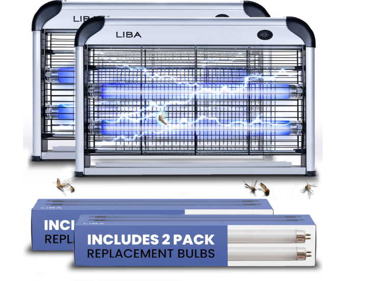 LiBa Electric Bug Zapper (2-Pack) Indoor Insect Killer - (4) Extra Replacement Bulbs - Fly, Mosquito Killer and Repellent - Lightweight, Powerful 2800V Grid, Easy-to-Clean, Removable Washable Tray