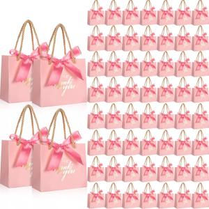 Colarr 60 Pcs Small Thank You Gift Bags Mini Party Favor Candy Bags with Handles and Bow Ribbon for Wedding Birthday Baby Shower Guest Valentines Day Party Supplies(Medium Pink Ribbon)
