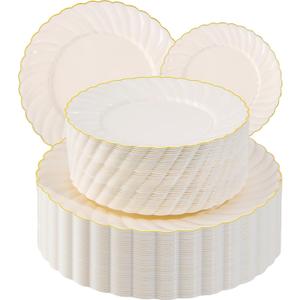 U-QE 100 Piece Ivory Scalloped Plastic Plates for Party with Gold Rim - Plastic Party Plates Disposable Heavy Duty - High End Disposable Plates Include 50pcs Dinner Plates 9"&50pcs Dessert Plates 6.5"