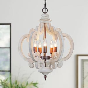 5-Lights Wood Farmhouse Chandelier, Dining Room Light Fixture, Industrial Rustic Farmhouse Chandeliers for Dining Room Kitchen Island Bedroom Foyer Hallway Front Door (Distressed white)