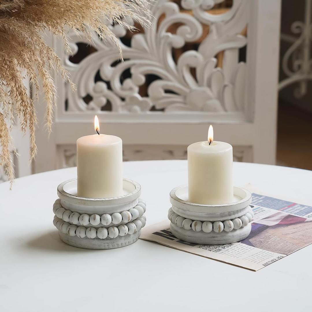 NIKKY HOME Farmhouse Beaded Wooden Candle Holders Set of 2, Rusitc Solid Wood Pillar Candlesticks Pedestal, Fireplace Mantle Table Centerpiece Decor, Distressed White