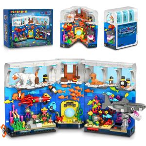 HOGOKIDS Aquarium Book Nook Building Set with Lights - Booknook Fish Building Toy for Bookshelf Home Decor, 1064PCS Movable Shark Ocean Polar Animals Blocks Bookend Kit for Adults Teens Boys Girls 8+
