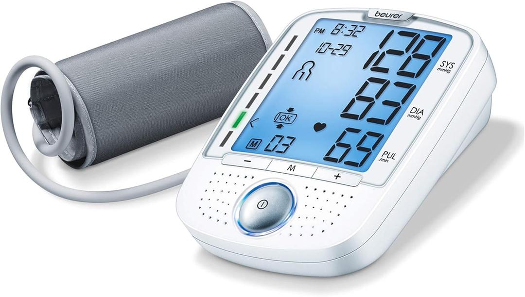 Beurer BM50 Talking Upper Arm Blood Pressure Monitor - Accurate, Digital Machine with Automatic Cuff for Home Use, Arrhythmia Detection, Batteries and Carrying Case Included (White)