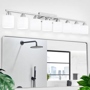 Brushed Nickel Light Fixture Bathroom for Huge Mirror, 8 Light Mirror Lights with Milky White Frosted Glass Shades, 51 inch Bathroom Mirror Lights for Mirrorss, E26 Socket