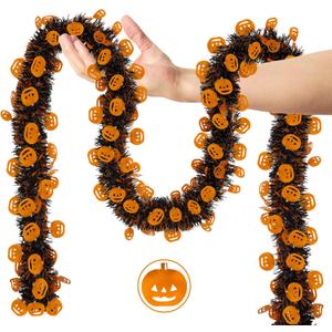 2-Piece 66 Ft Halloween Tinsel Garland with Orange Pumpkin, Twist Shiny Metallic Hanging Garland for Home Party Tree Indoor Outdoor Decor
