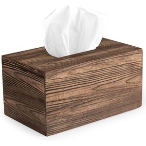 Crutello Rustic Farmhouse Tissue Box Cover - Wooden Brown Rectangular Tissue Holder Easy to Refill - 5" x 9"