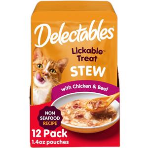 Hartz Delectables Non-Seafood Stew Lickable Wet Cat Treats, Chicken & Beef, 1.4 Ounce (Pack of 12) (BB: October 15, 2027)