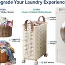 Slim Rolling Laundry Hamper with Wheels – Large Collapsible Clothes Basket with Leather-Style Handles, Space-Saving Laundry Organizer for Bedroom, Bathroom, Dorm & Small Spaces – Cream, 55 L