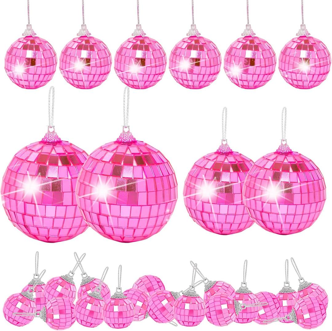 Pink Mini Disco Ball Decor: 28 Pack Hanging Mirror Ball Ornaments Different Sizes - Disco Balls Decorations Bulk for Party Christmas Tree Cake Room Birthday (1.2 Inch, 1.6 Inch, 2 Inch, 2.4 Inch)