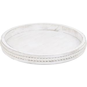 Round Wood Serving Tray with Beads, White Washed Wooden Decorative Tray for Entertaining, Decoration, and Gifting (13")