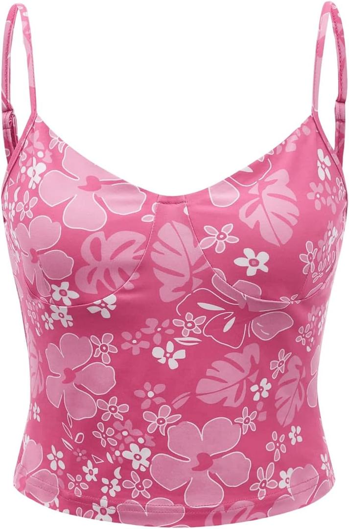 SHENHE Women's Floral Spaghetti Strap Backless Fitted Cami Top Summer Casual Top Pink Large