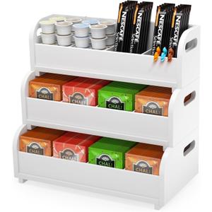 Tea Bag Organizer Storage Holder- Bamboo Countertop Teabag Display Rack 3-Tier Stackable Wall Mount Large Capacity for Pantry Kitchen Office Coffee Station (White)