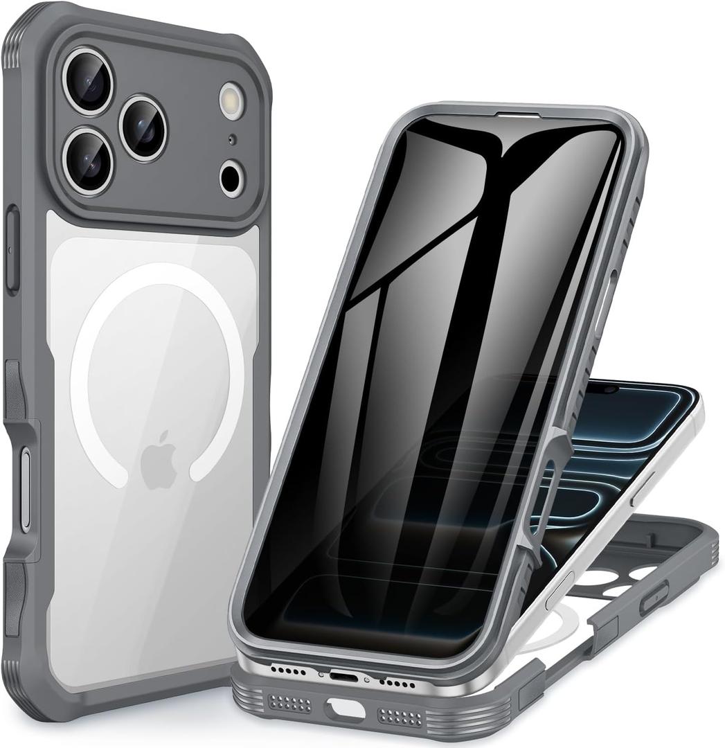 CENHUFO Magnetic Privacy for iPhone 17 Pro Max Case [Compatible with Magsafe] Full Body Phone Case Built-in 9H Tempered Glass Privacy Screen Protector, Camera Protection Shockproof Cover - Grey