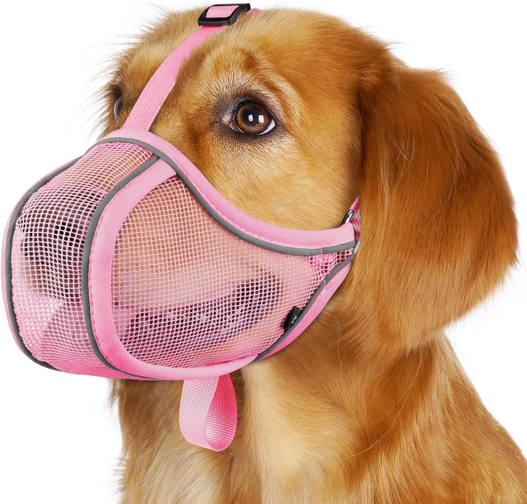 Mayerzon Dog Muzzle to Prevent Biting Scavenging Chewing, Soft Mesh Puppy Muzzles for Large Sized Dogs, Breathable, Reflective, Adjustable Mouth Guard for Grooming Walking Training (L, Pink) (L-(Snout Cir 10.75"-12"))